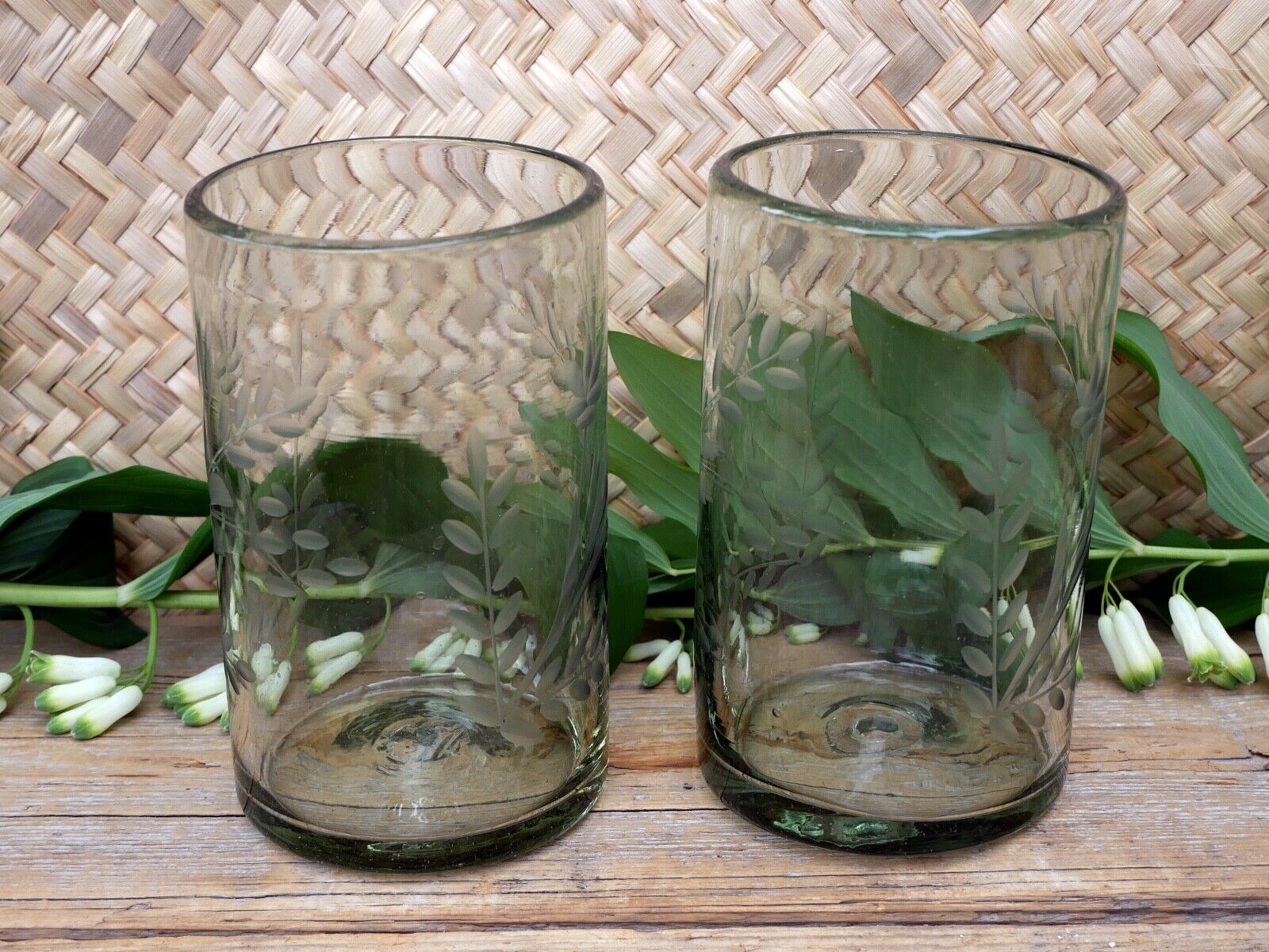 Set of 2 Highball Pale Green Glasses Handblown Etched Plants Mexican Folk Art