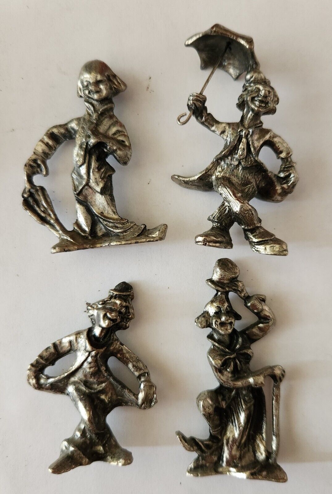 Vintage Set of 4 Miniature Pewter Clown Figures Sculpture Taiwan Figurines