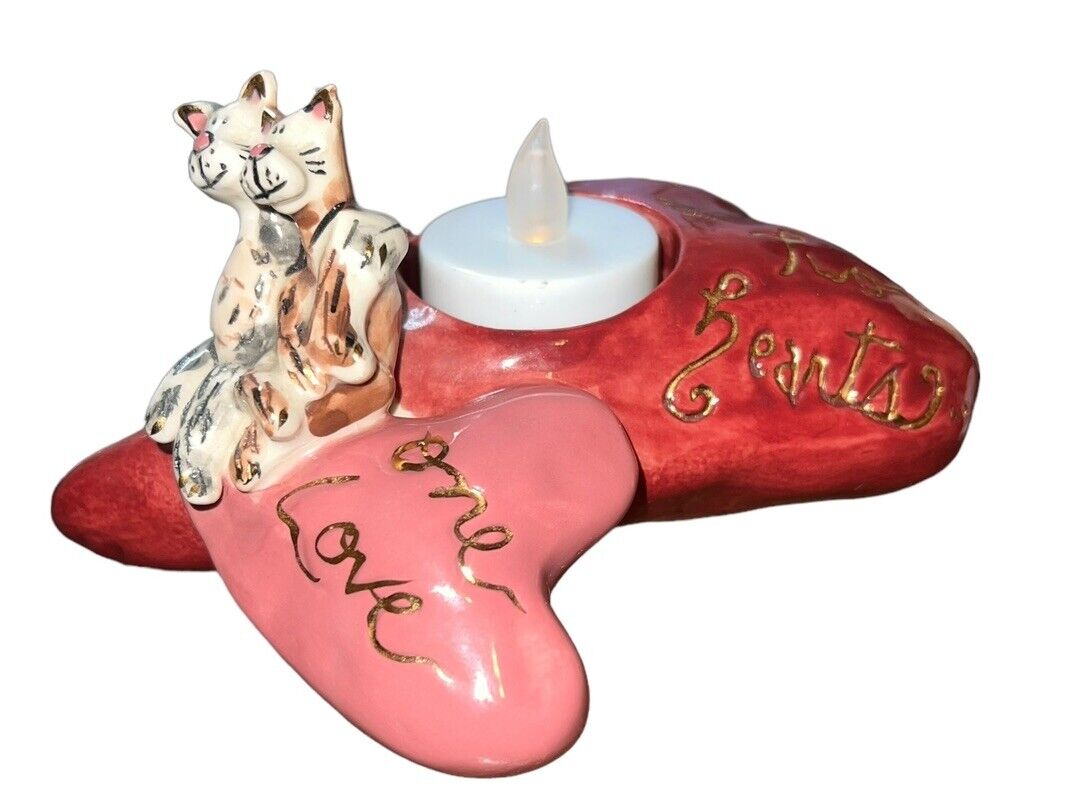 Blue Sky Artist Heather Goldmine Two Hearts One Love Cats Candle Holder