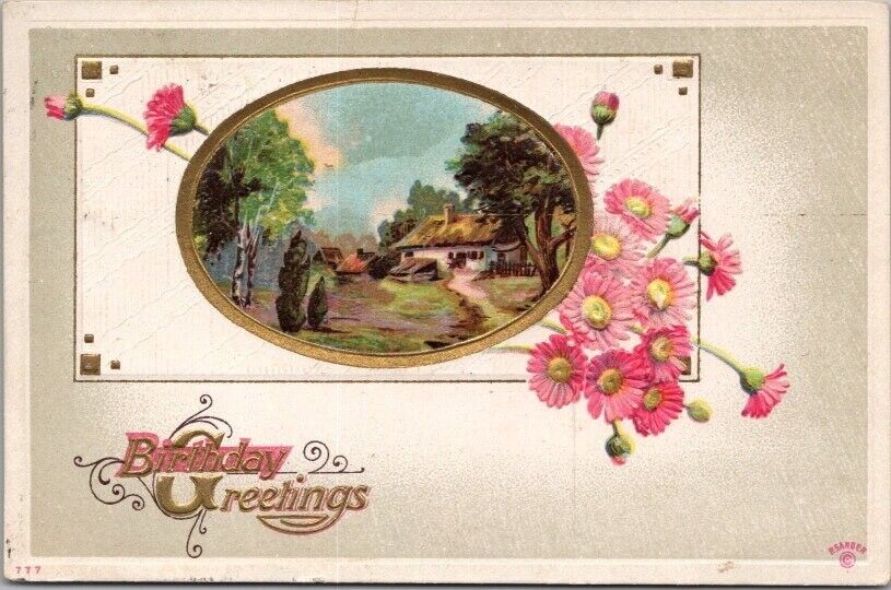1914 HAPPY BIRTHDAY Greetings Postcard House Cottage Scene / Pink Daisies