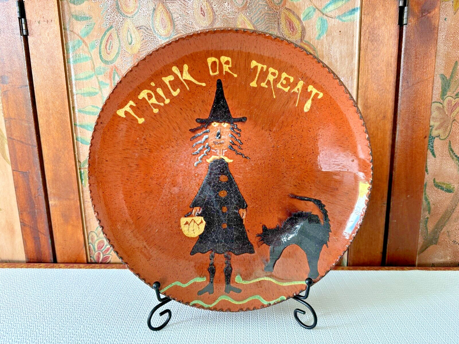 Vintage Turtle Creek Potter Betty Lou Folk Art Halloween Redware Charger - 2012