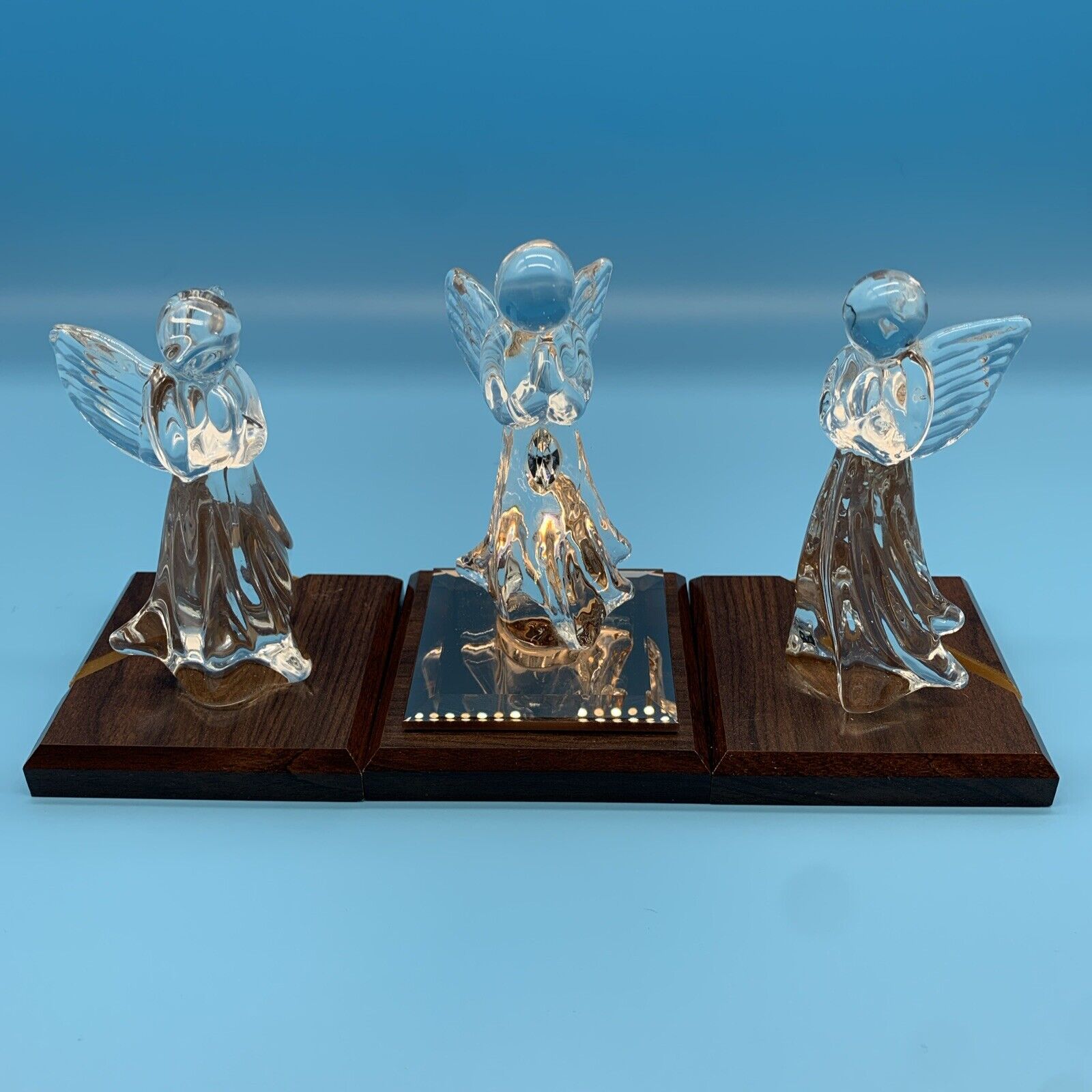 Vintage DACRA Glass Praying Angels On Wood Base Set Of 3