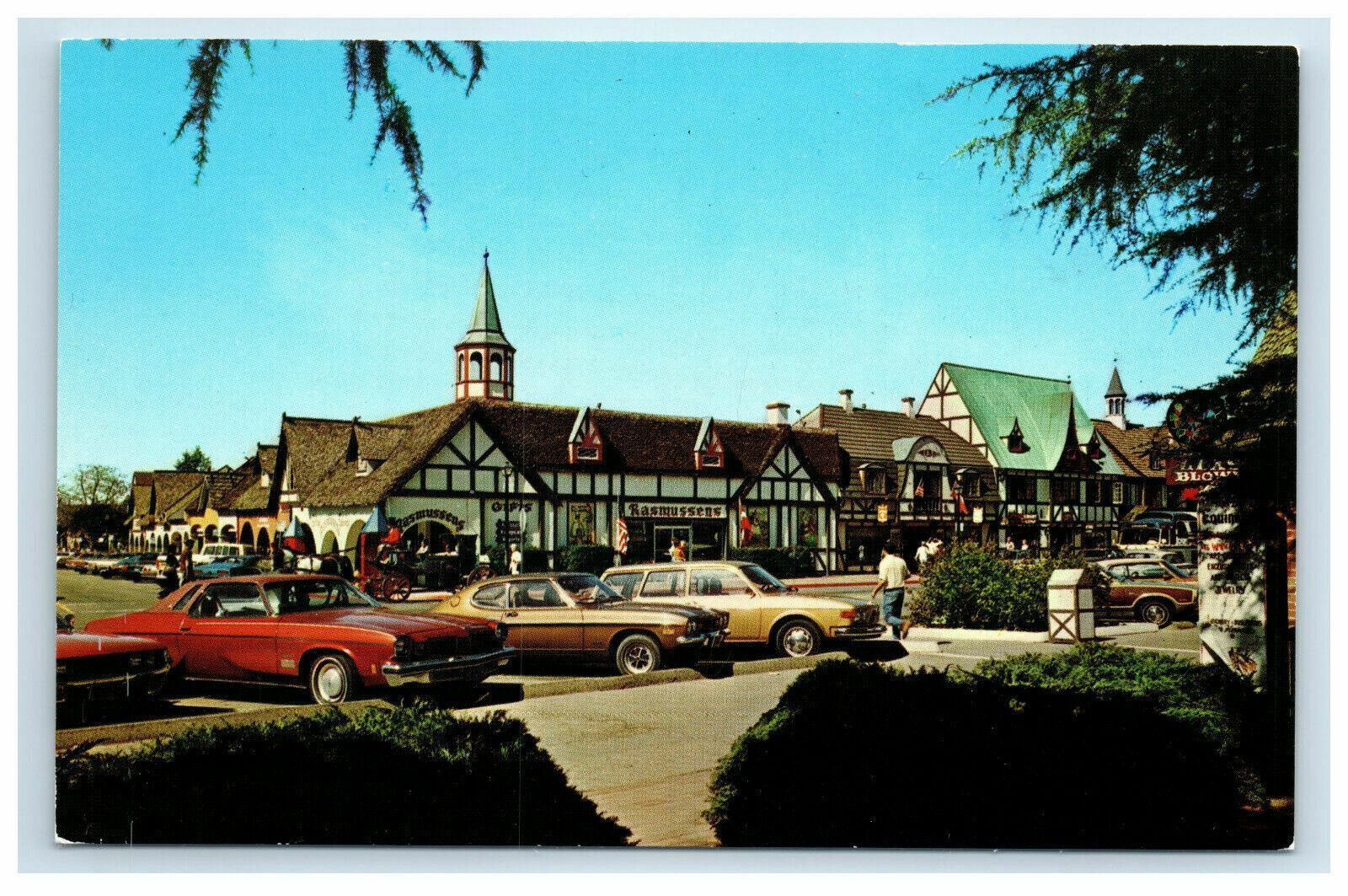 Solvang CA Main Street Postcard Classic Cars Shops Buildings People Santa Ynez