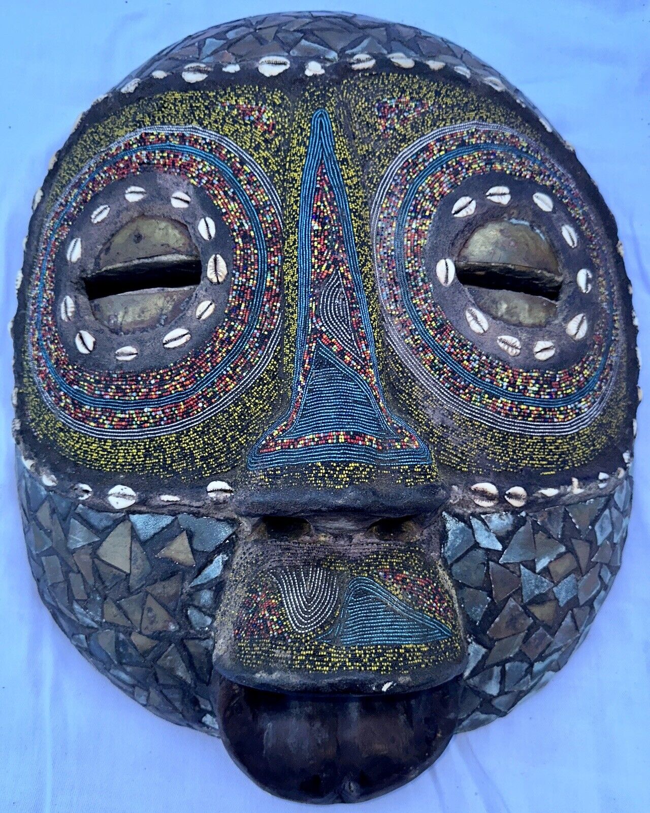 Vintage Very Large African Hand Carved Wood Decorative Tribal Mask Brass, Beaded