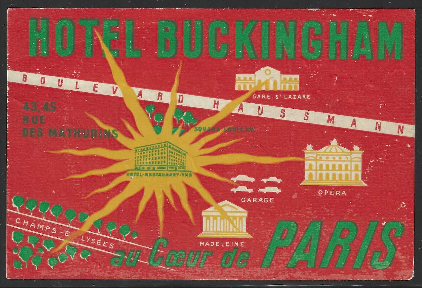 Hotel Buckingham, Paris, France, Hotel Label, Unused, Size: 102 mm x 79 mm.