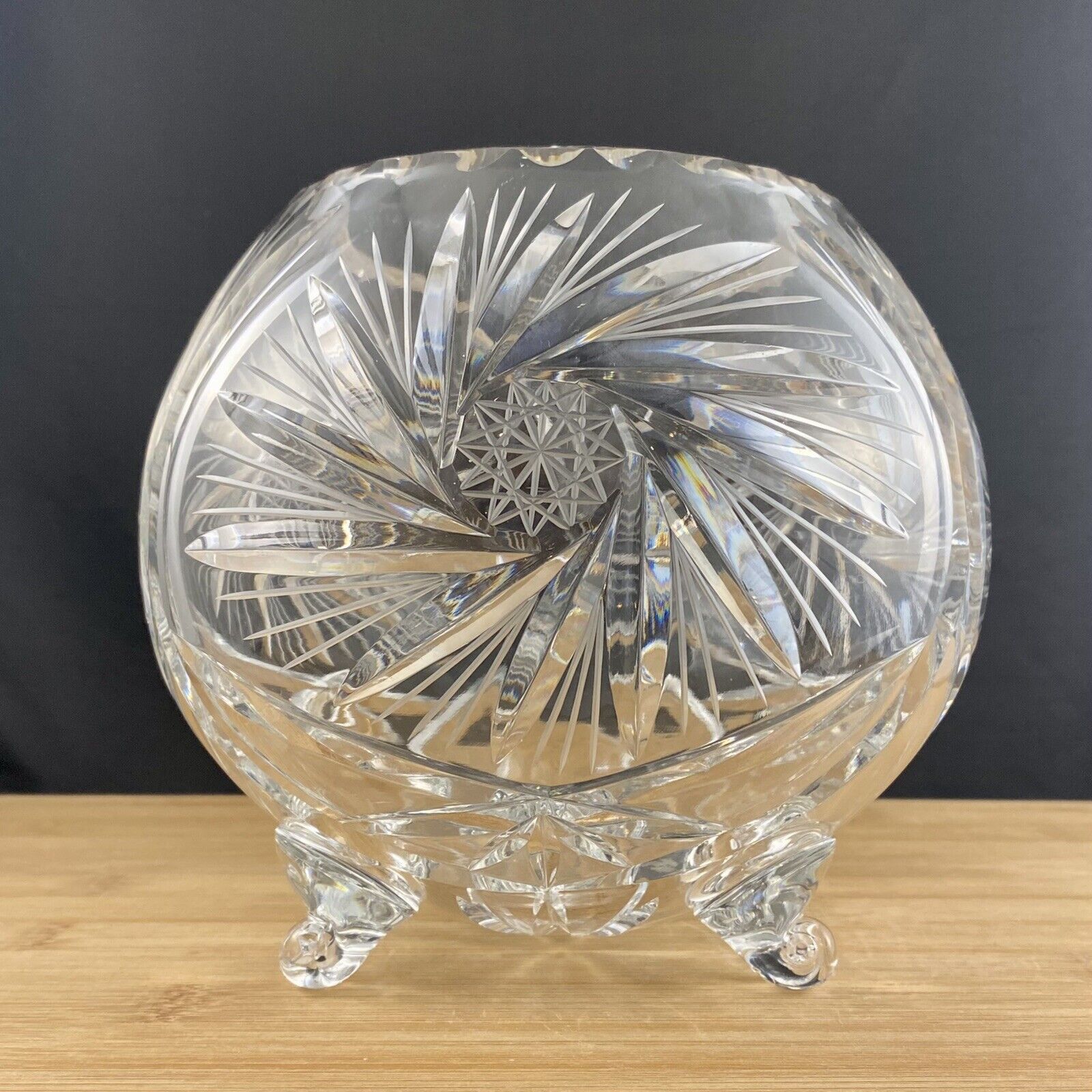 ABP Crystal Rose Bowl Pretty Footed Clear Cut Glass Pinwheel Designs 6.5”