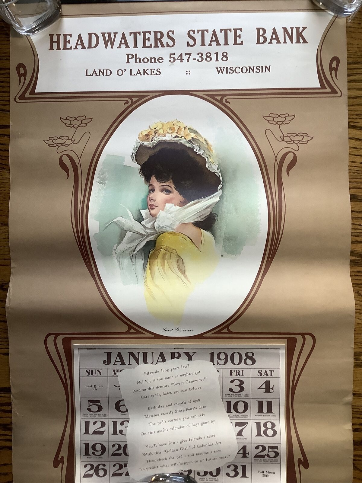 Vintage Headwaters Bank Land O’ Lakes Wisconsin 1908 & 1964 Advertising Calendar
