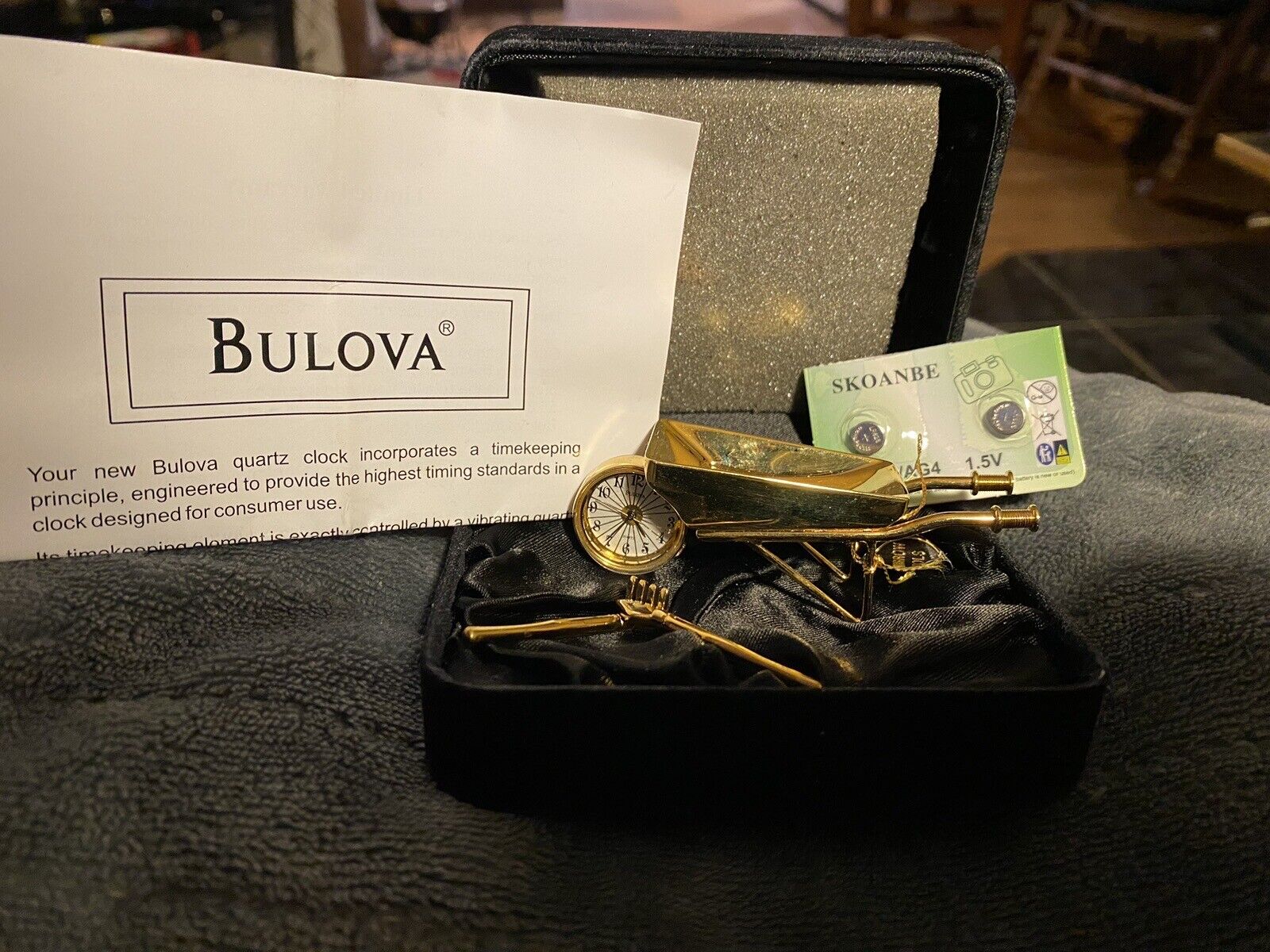 Bulova WHEEL BARREL +TOOLS Miniature-Mini Collectible Clock #B0413 w/ tag, case.
