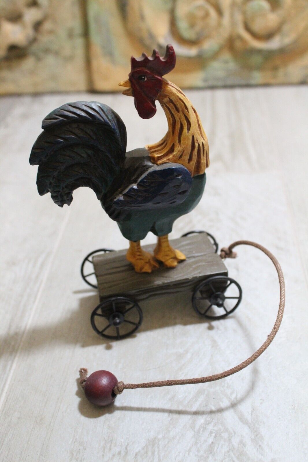Vintage David Frykman “The Barnyard” Rooster Riding On Wagon Figurine 5.5in