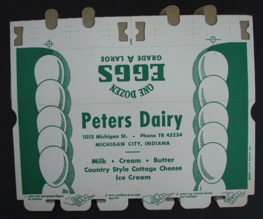Peters Dairy Vintage  Flat Egg Carton, Michigan City, Indiana 1950's