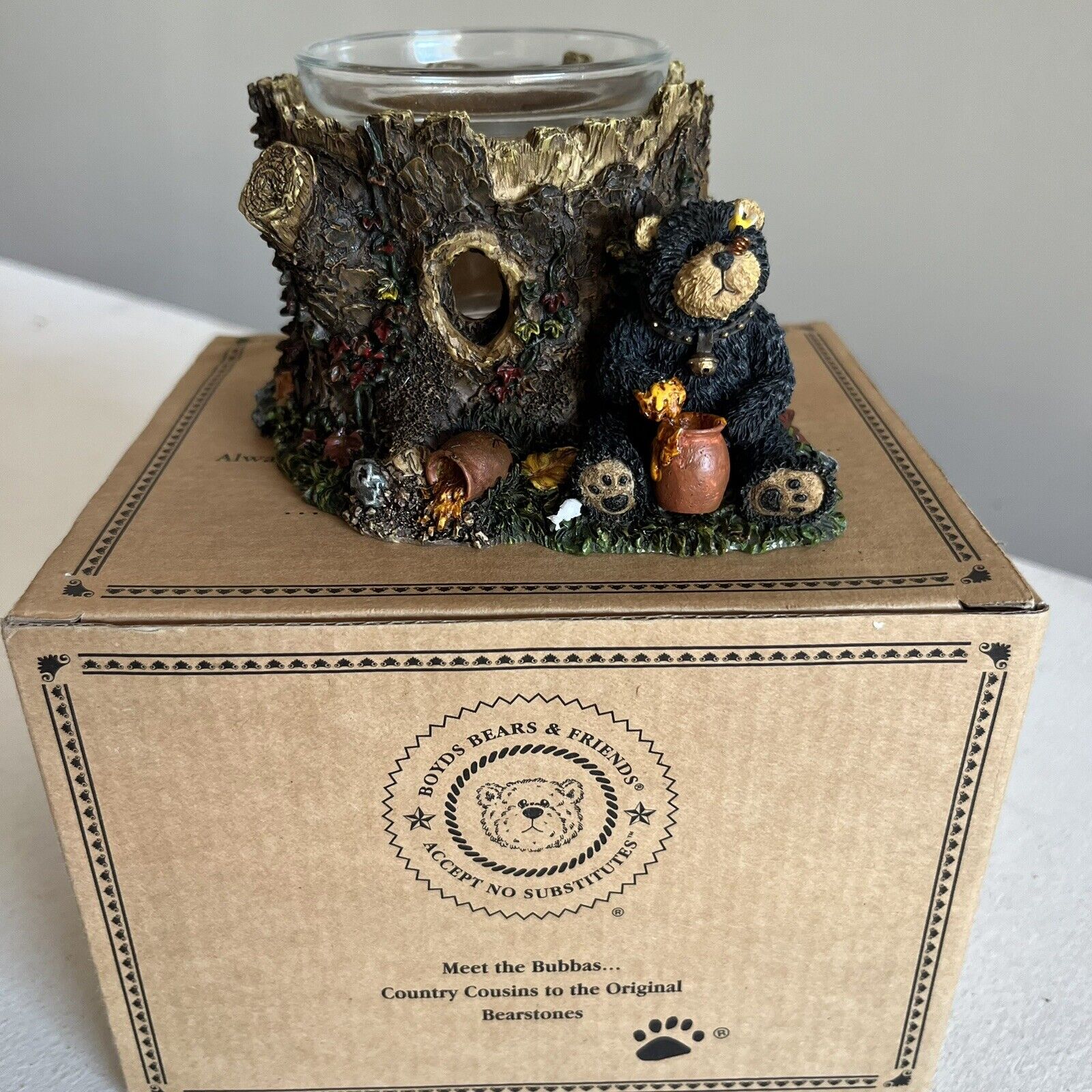 Boyds Bears Bubba Resin Figure. With Box. Glass Holder