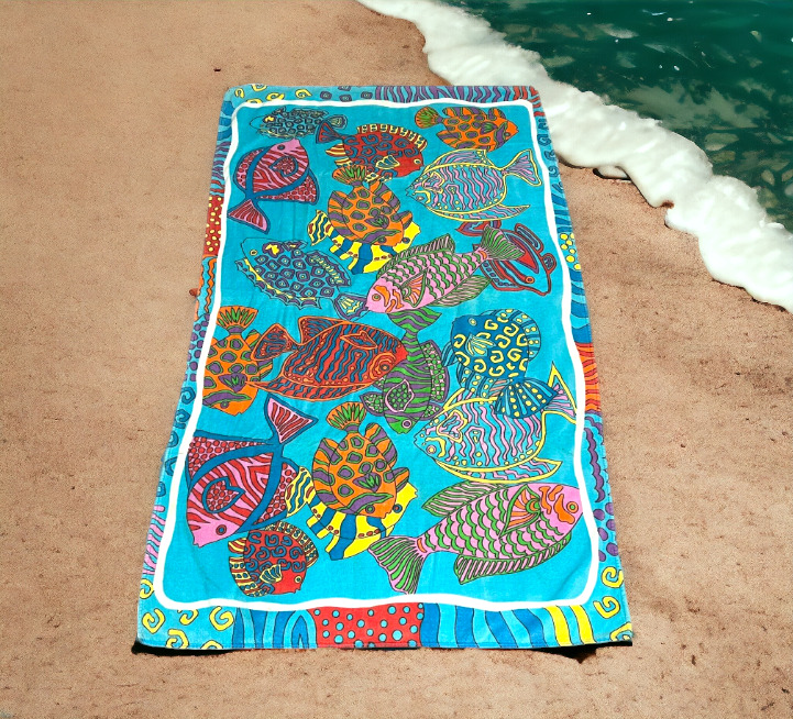 Large Colorful Terrisol Fish Cotton Large Vintage Tropical  Beach Towel 39x64.5