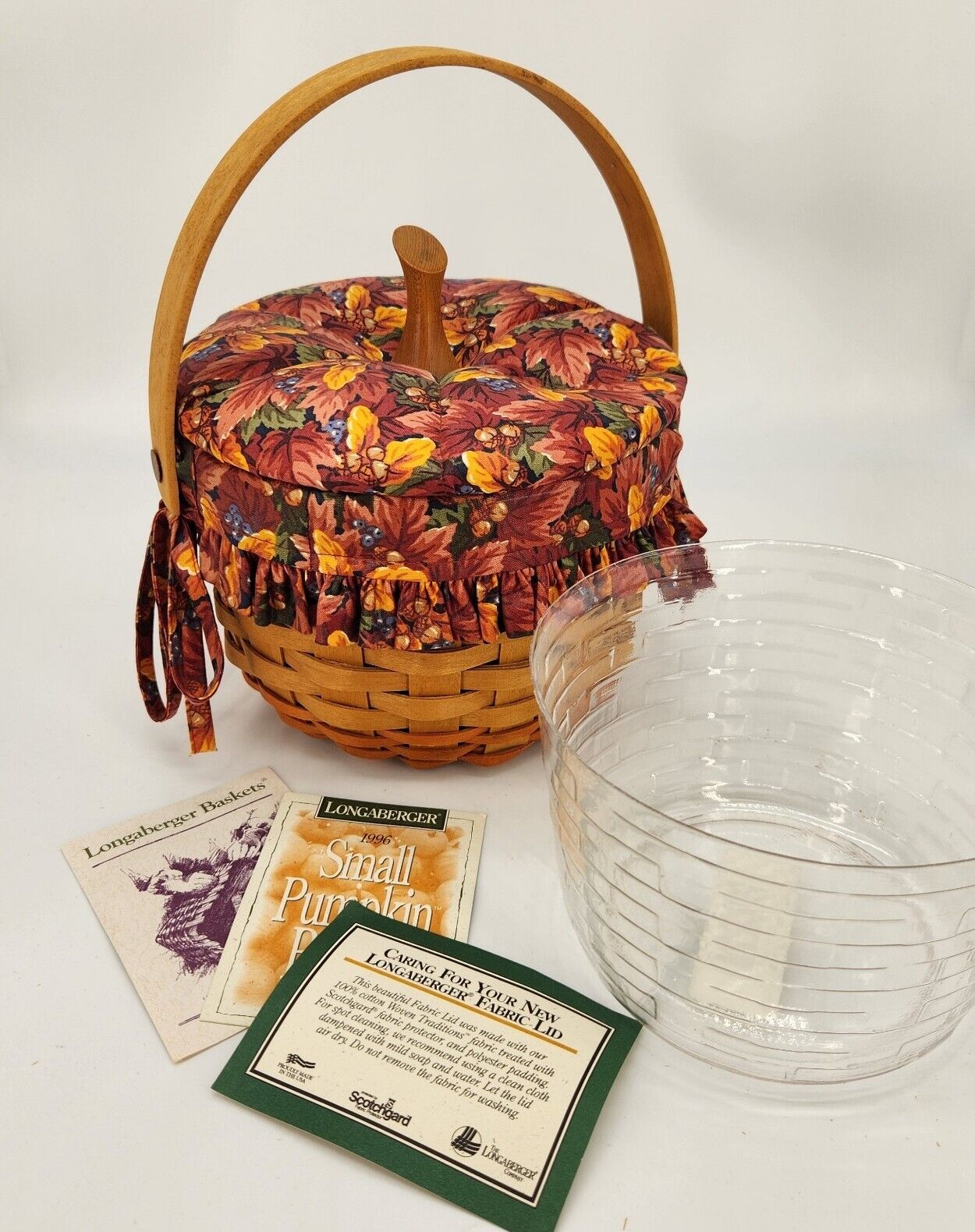 Longaberger 1996 Small Pumpkin Basket~Fabric Lid~Liner~Prot~Card SOLD 08/96 ONLY