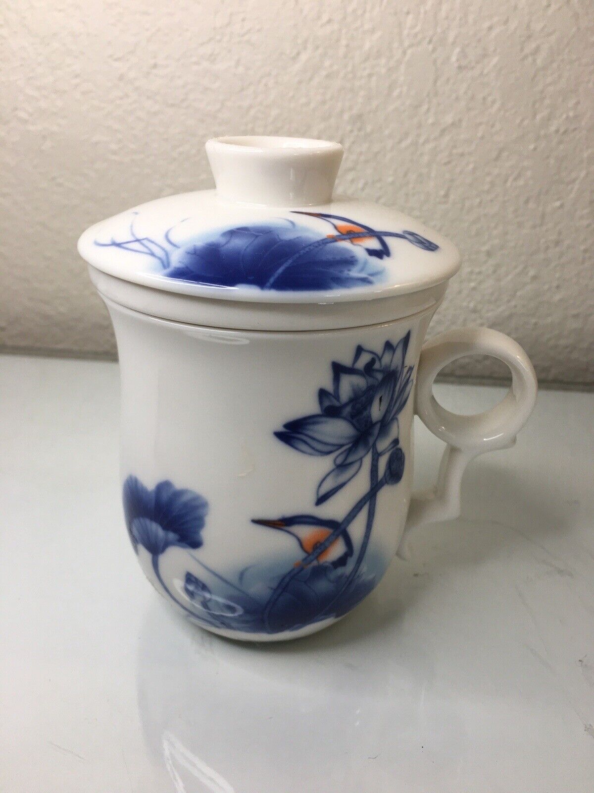  3 pc Chinese Porcelain Tea Cup Mug with Infuser Strainer & Lid Blue White   