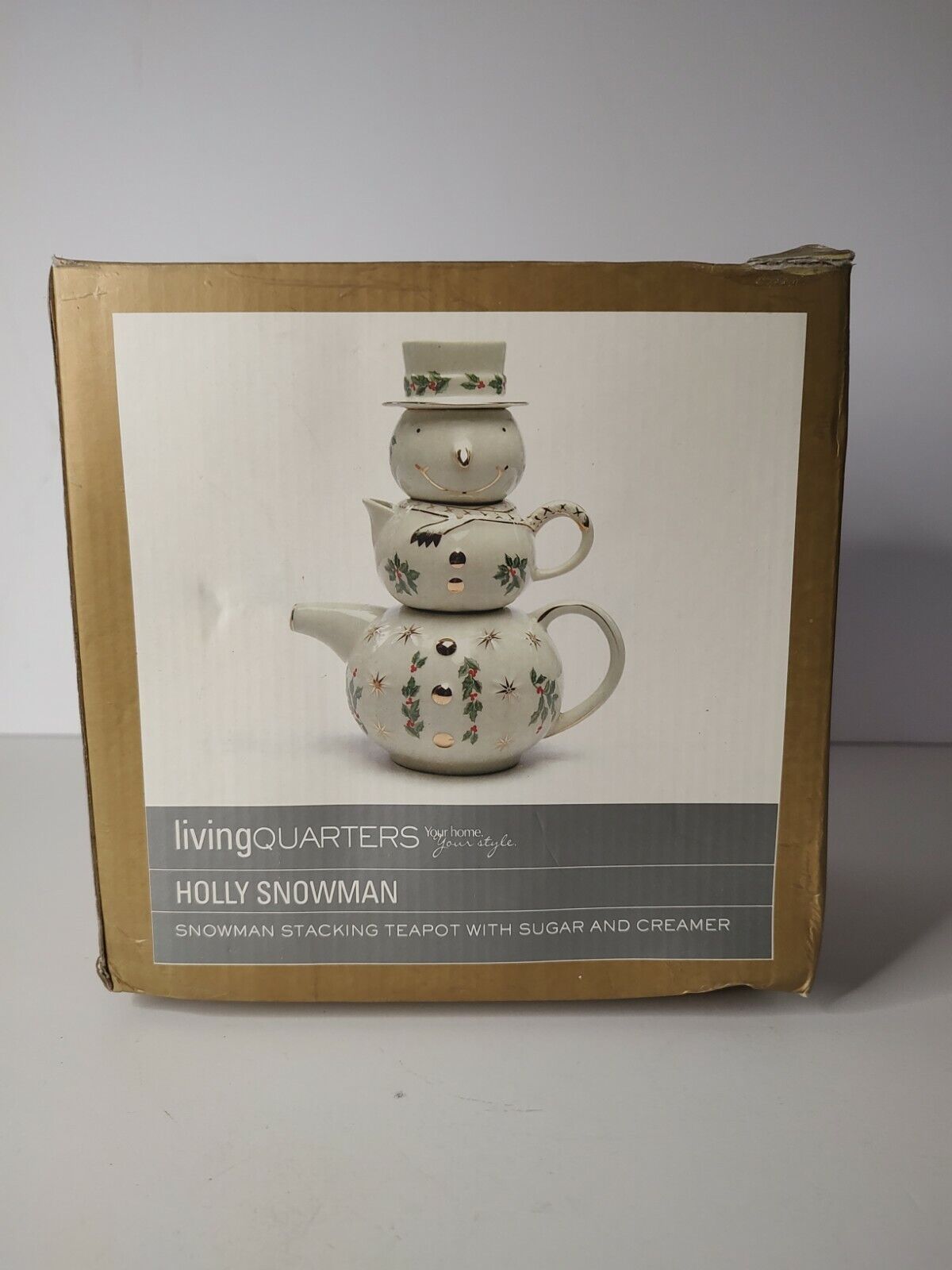 Living Quarters Holly Snowman Teapot Set Sugar Creamer Stackable 9\