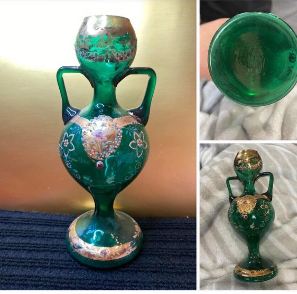 Bohemian Glass Vase Czech Green Double Handle 1800’s