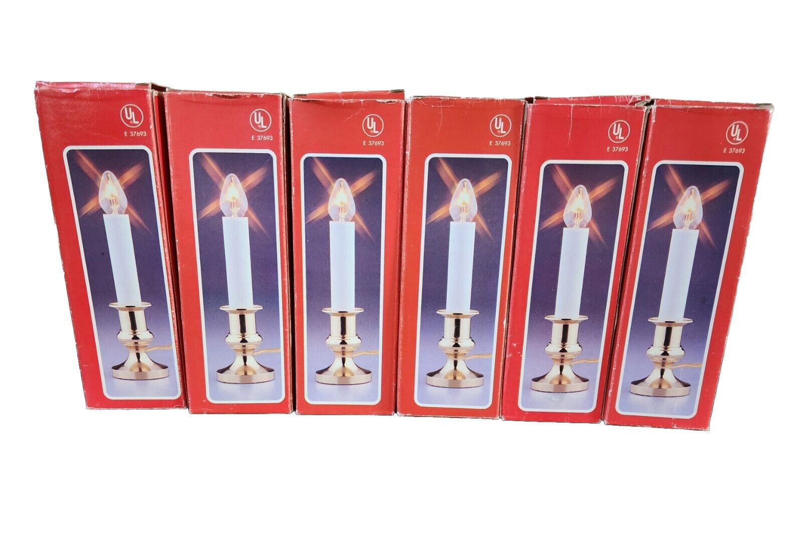 Vtg 6 Electric Christmas Window Candle Lights Solid Brass W/ Bulbs Original Box