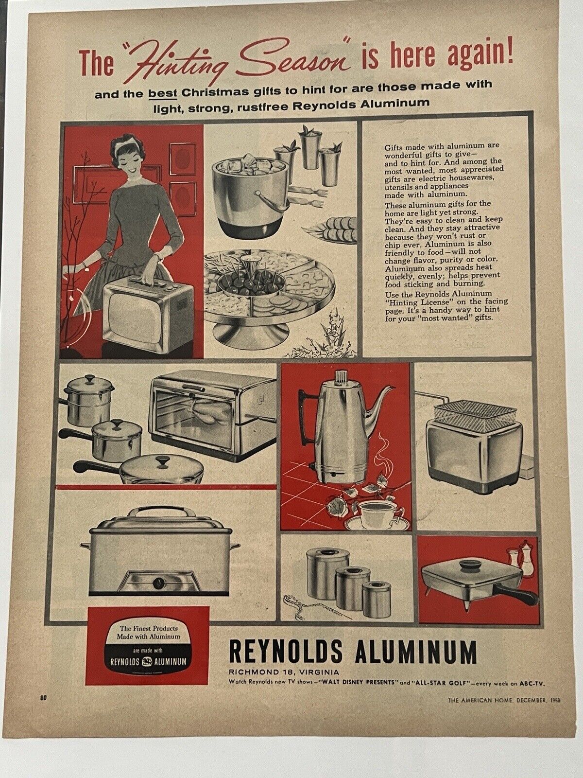 Vtg 1958 Reynolds Aluminum Kitchen Appliance Print Ad Red Retro MCM Mid Century