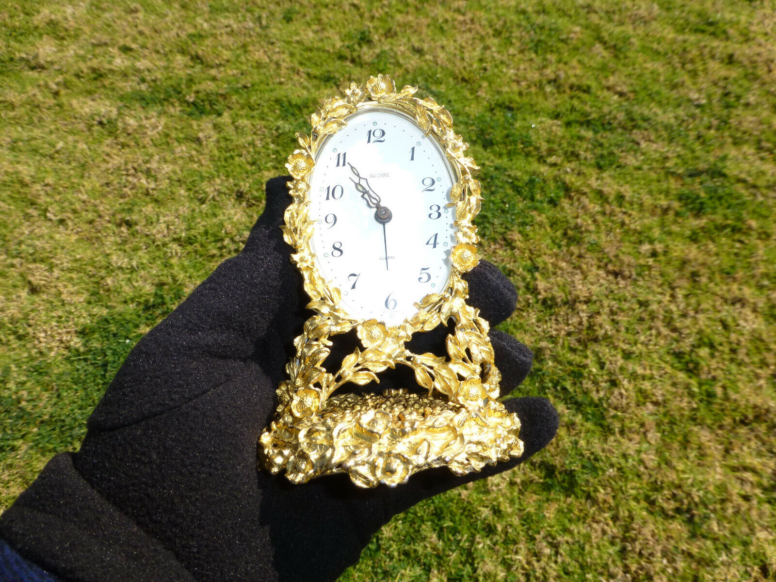 Antique German Gold Gilt Brass Mantel Alarm Clock Serviced Cleaned (Watch Video)