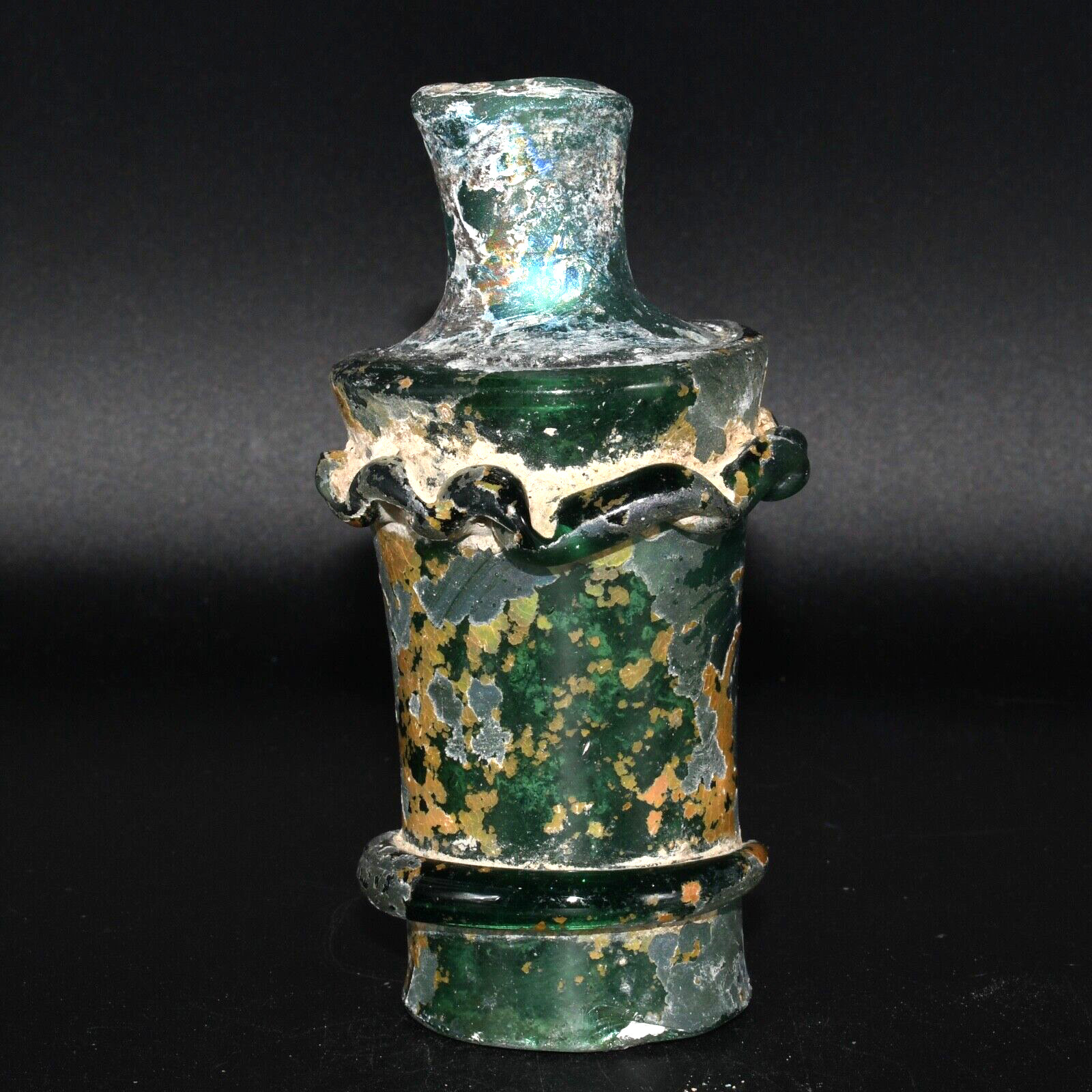 Genuine Ancient Roman Glass Bottle Container with Trailed Glass Decoration