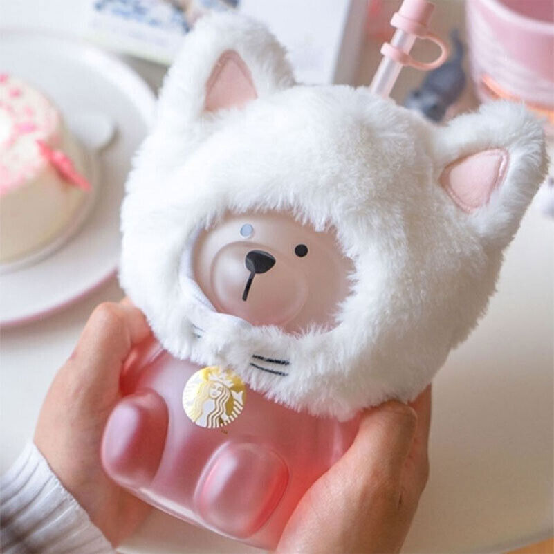2021 Starbucks Tumbler Sakura Season Pink Cat Headgear Bear Glass Straw Cup