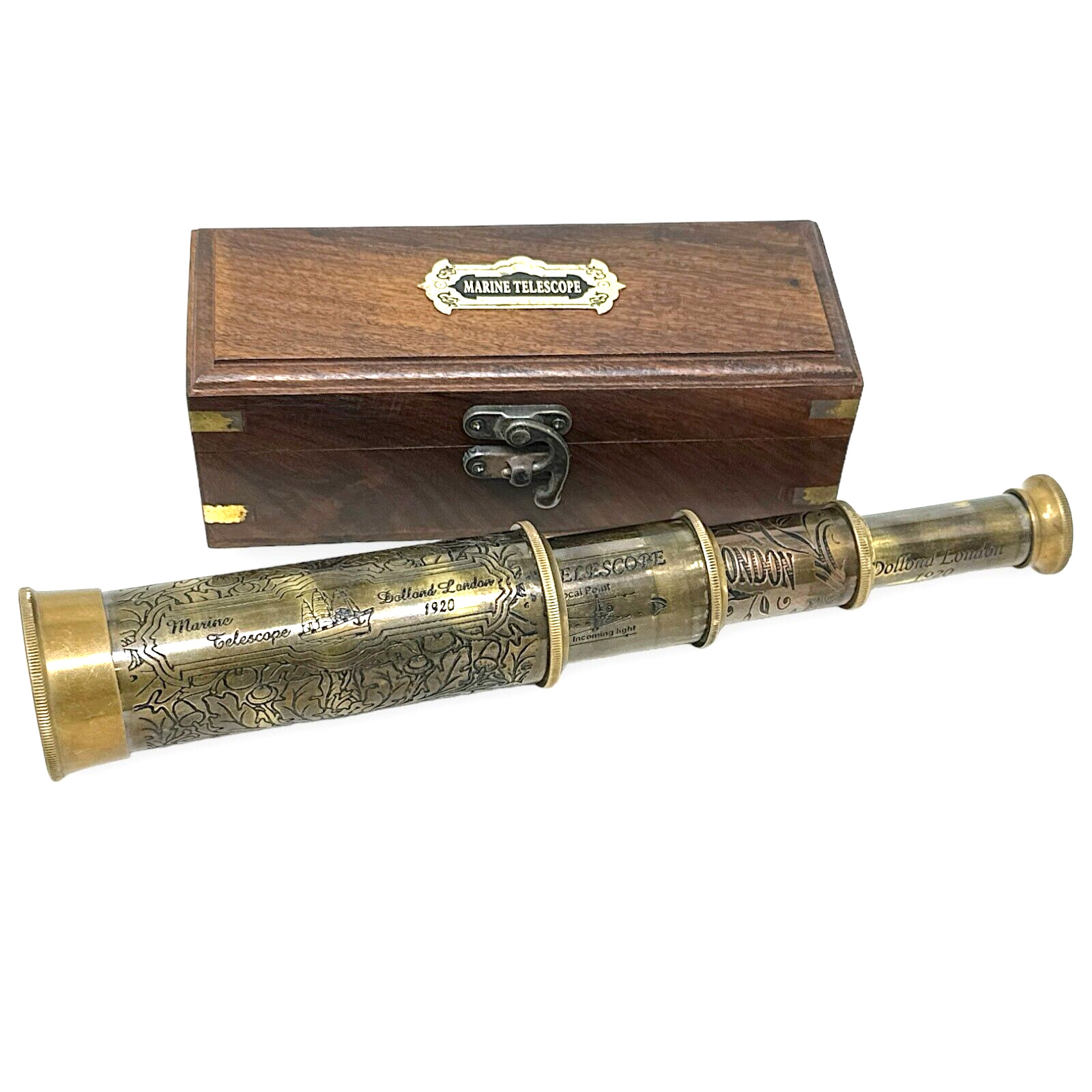 Vintage Brass Telescope Victorian Nautical Brass Finish Lens Cover with Wood Box