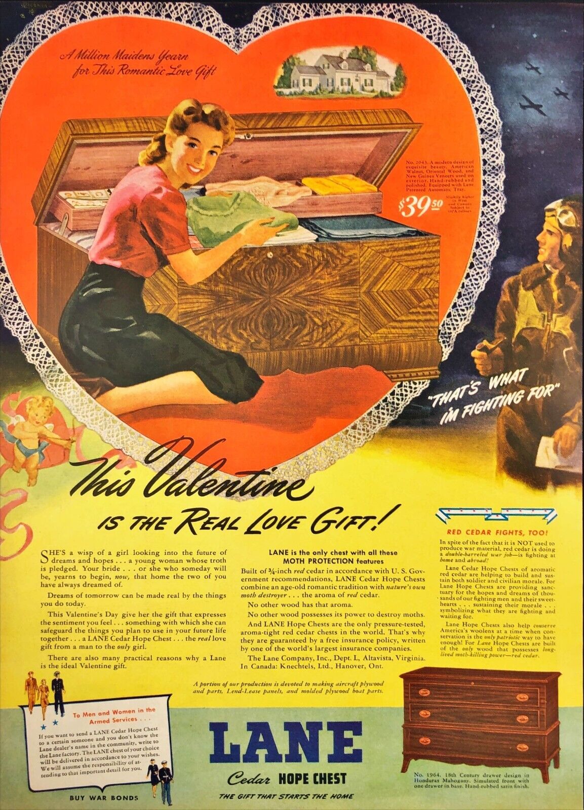 1944 Lane Cedar Hope Chest Valentines Day Buy War Bonds WWII Vintage Print Ad