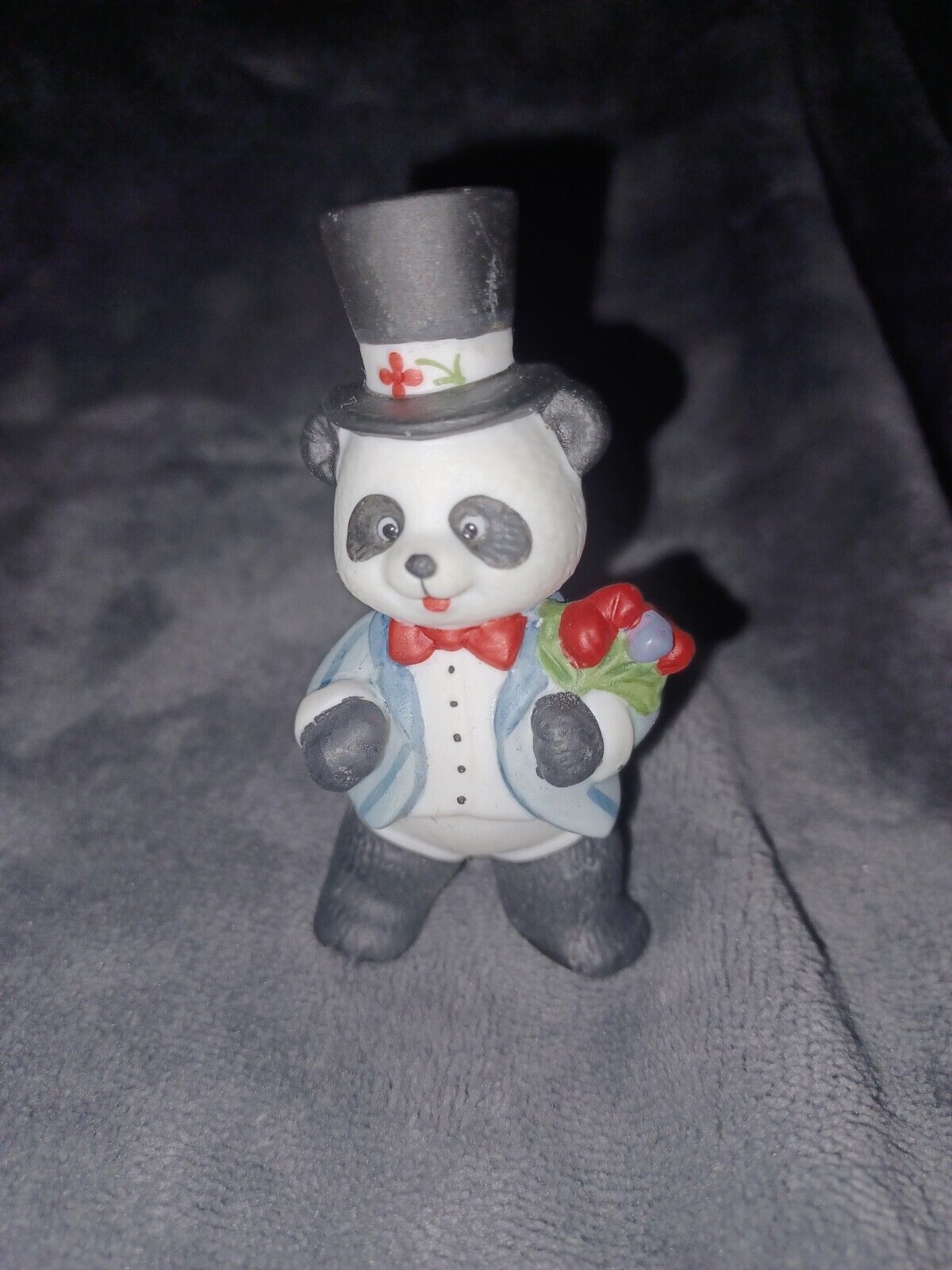 Porcelain Bisque Panda Bear Vintage BC Bronson Bear Figurine Top Hat Flowers