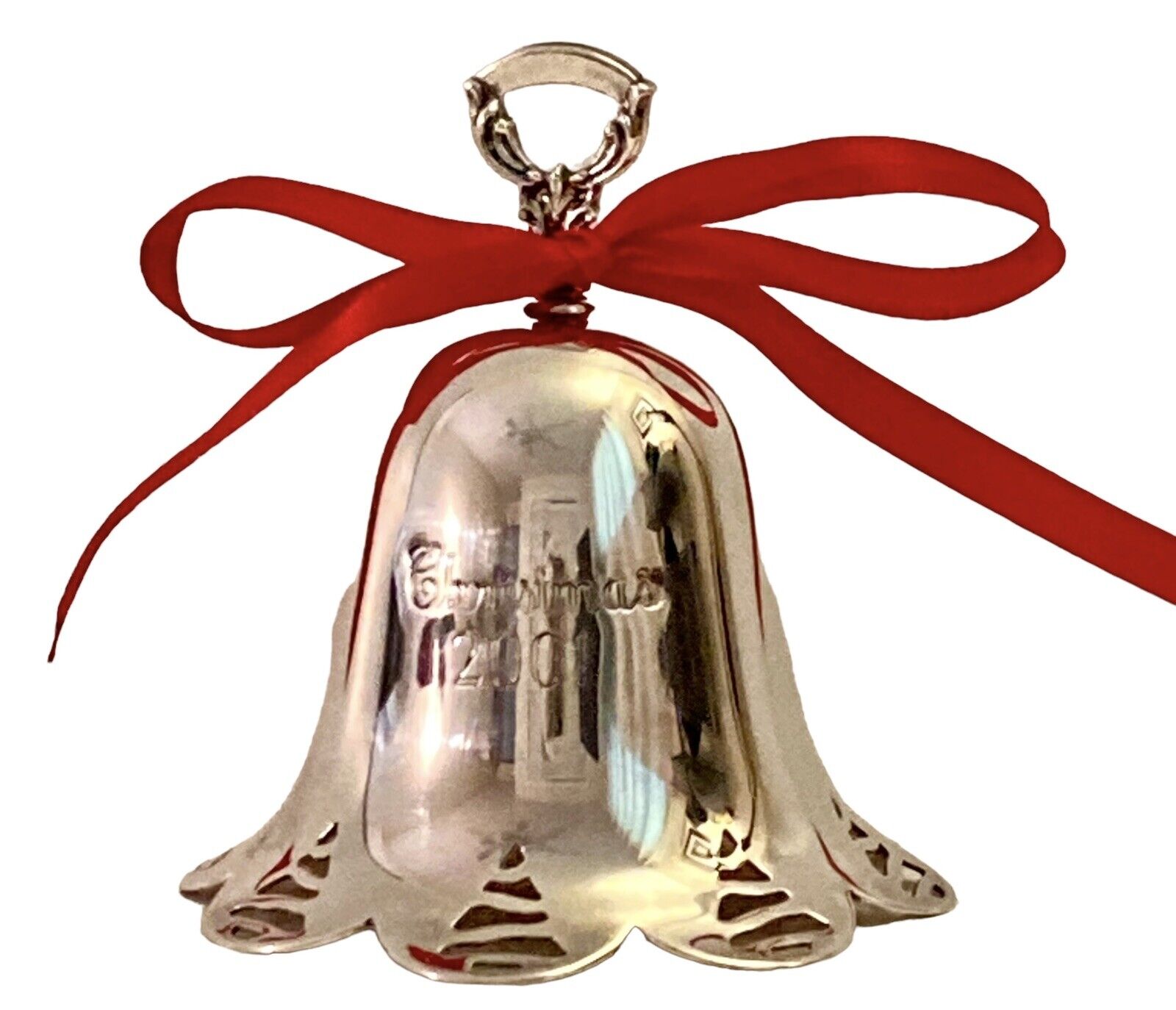2001 Towle Christmas Bell Ornament Engraved Silver Plated Christmas Tree Cut Out