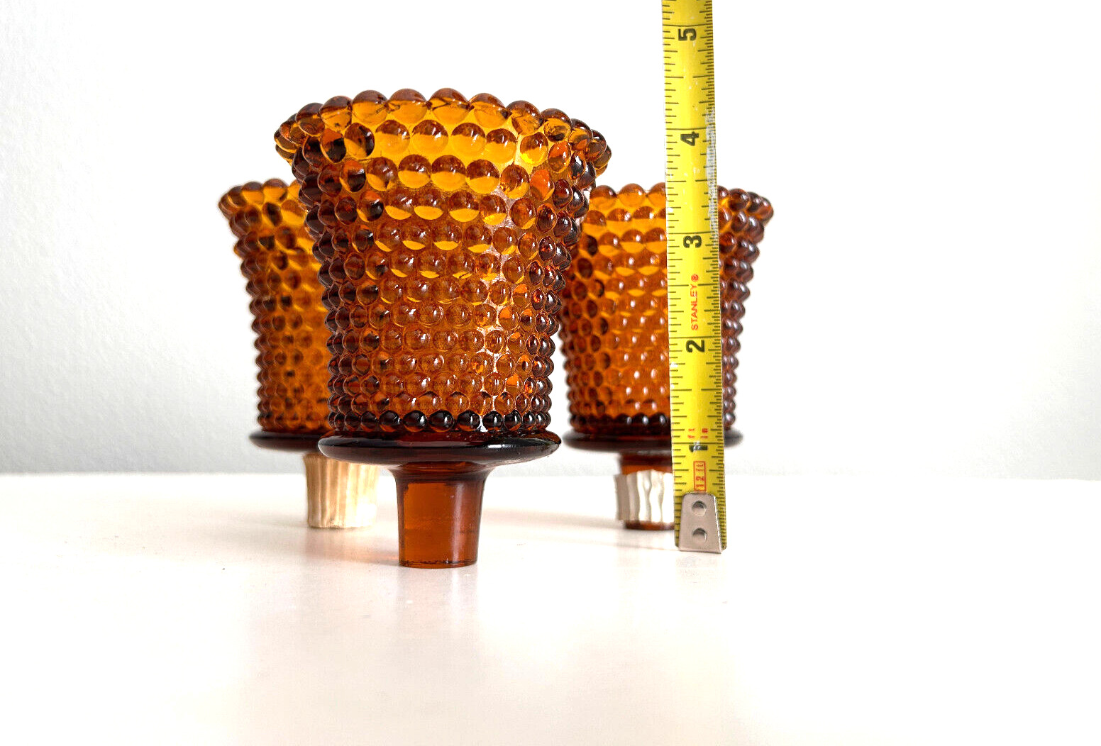 Three Vintage Hobnail Amber Glass Peg Votive Candle Holders Signed W S