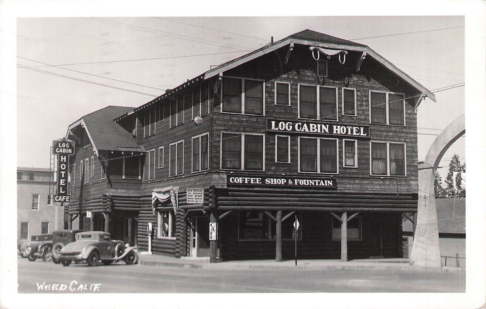 RPPC Weed California, Log Cabin Hotel Cafe c1930's PM 1940