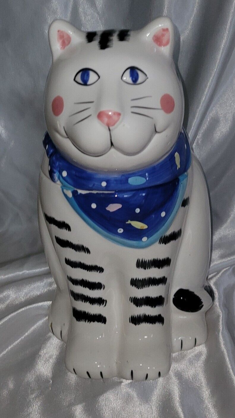 Coco Dowley Ceramic  White Tabby Cat Cookie Jar/Canister Pet Treats  Cat Lady
