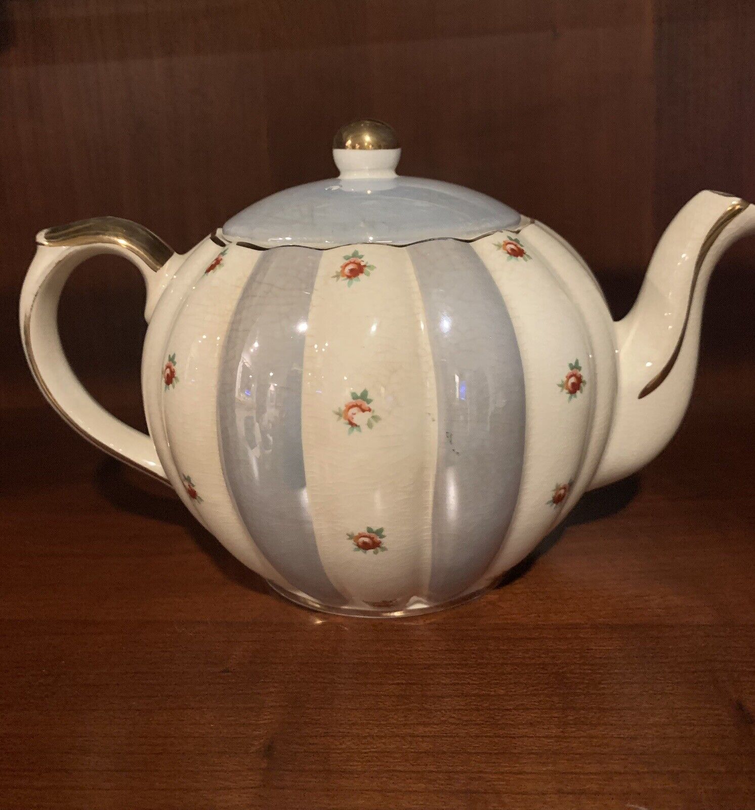 Vintage Gibbons Staffordshire Gold Etched Baby Blue English Tea Pot.