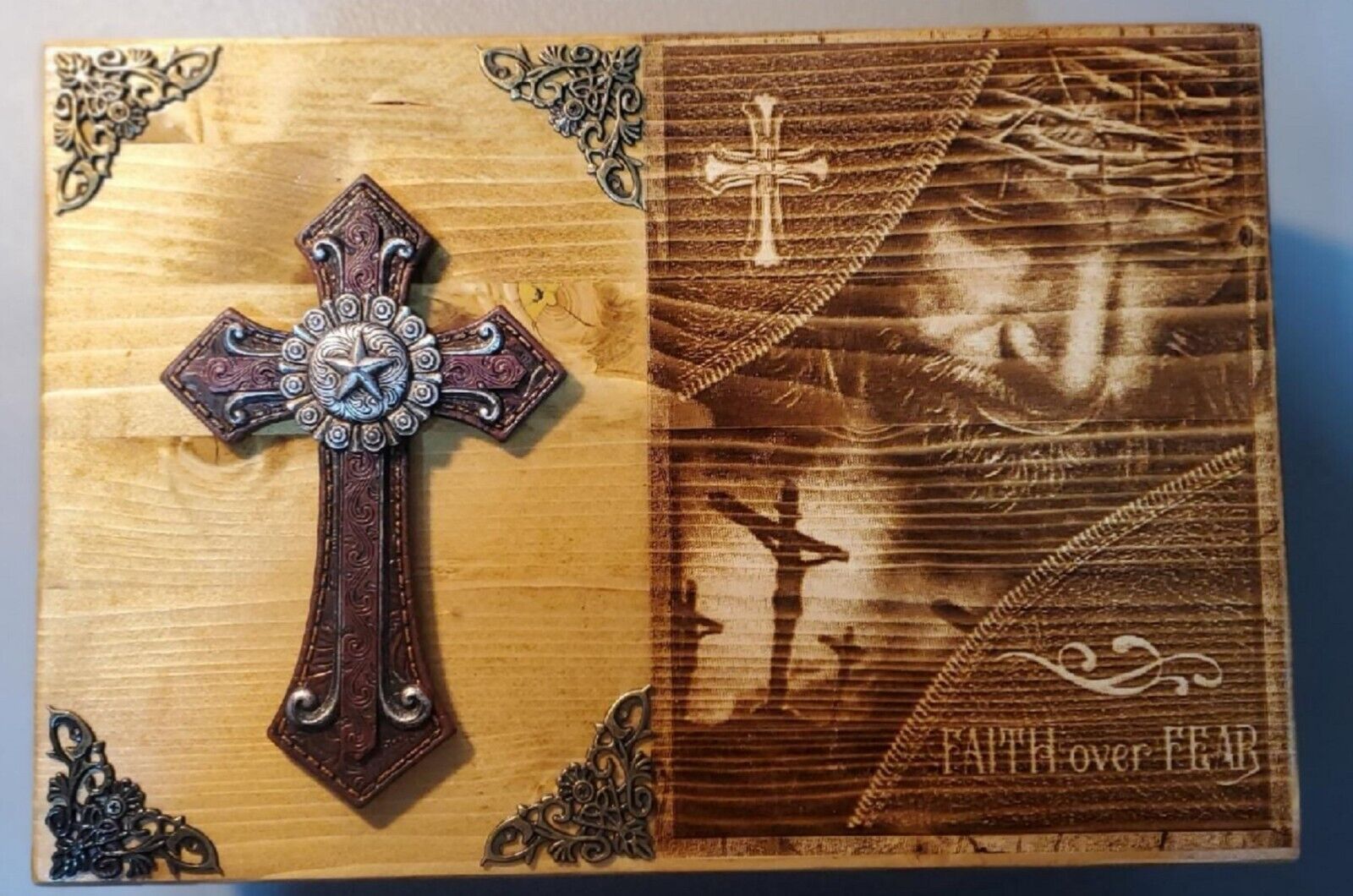 Engraved Jesus Handmade Wooden Bible Box with Brown Cross \