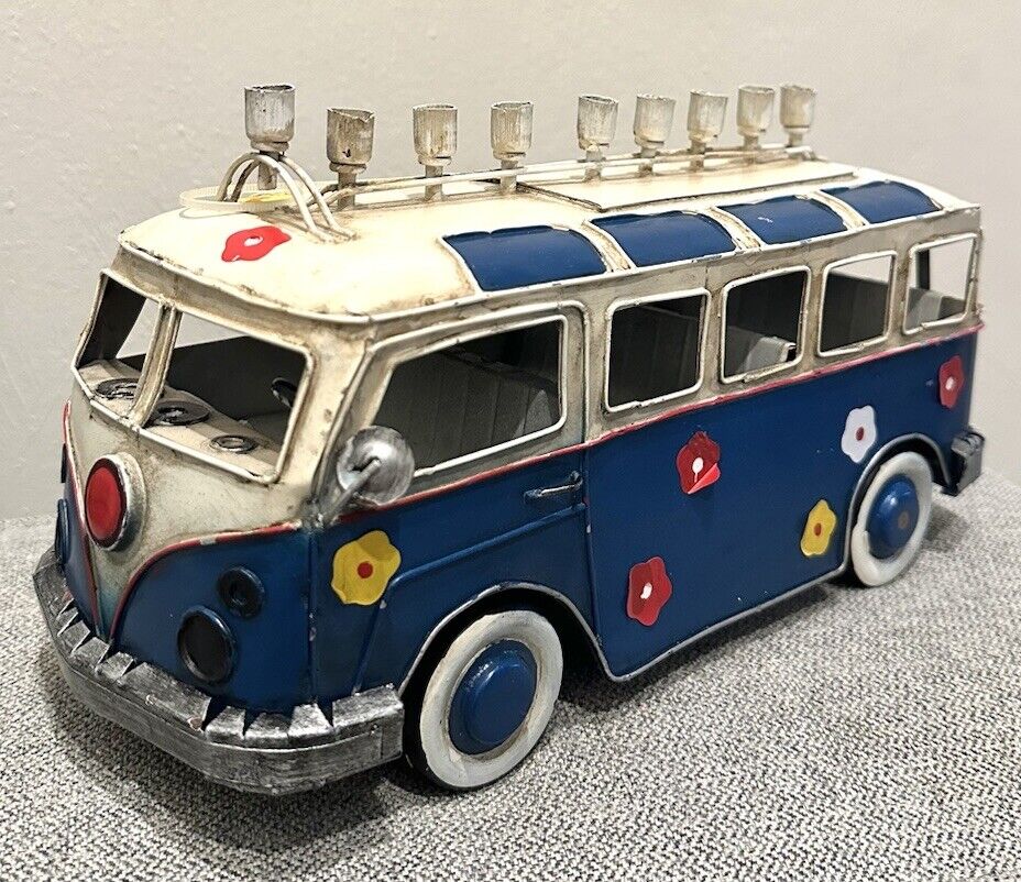 Metal Wheeling Groovy VW Style Bus Hanukkah Menorah with White, Blue & Flowers