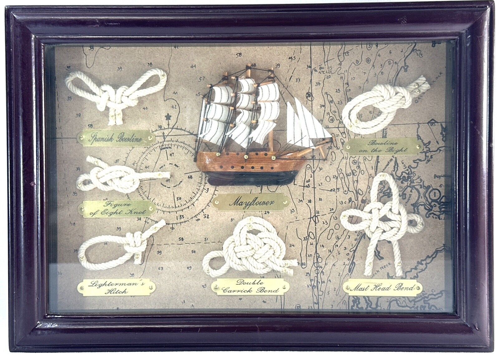 VTG Nautical Mayflower Ship with Assorted Roping Knots Display 12 x 9 Shadow Box