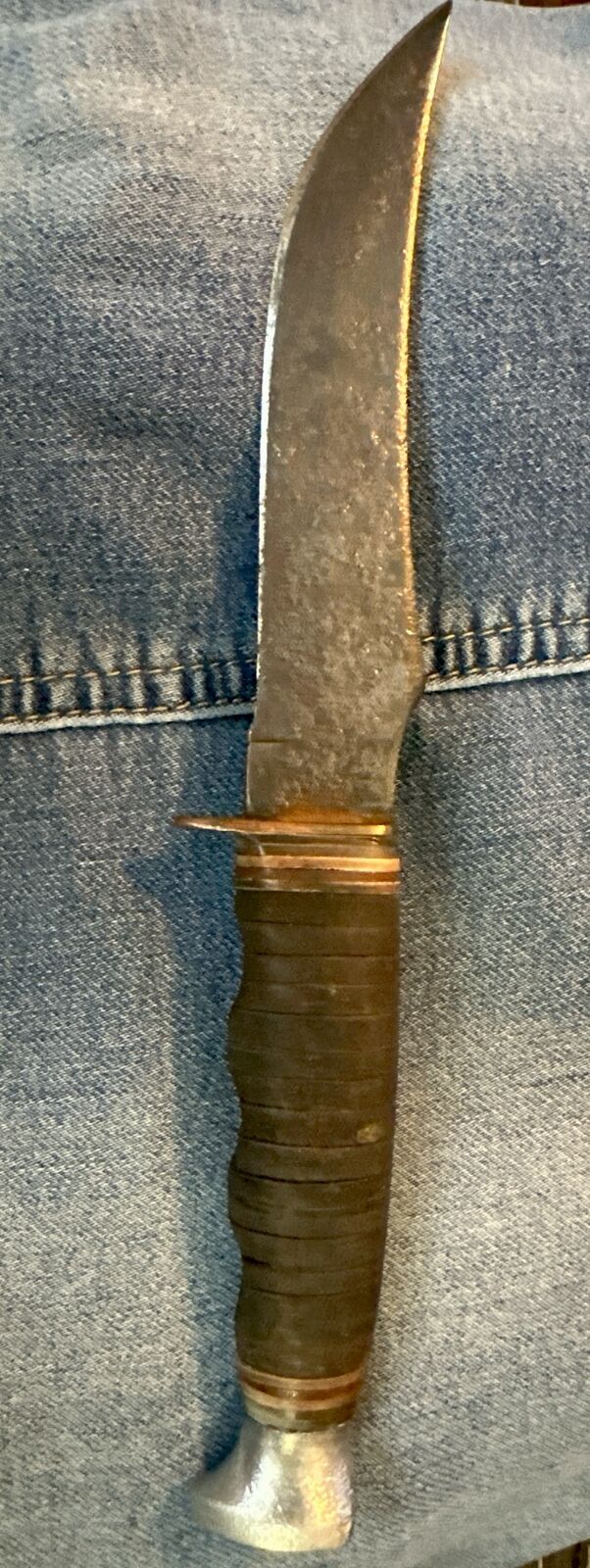 Vintage Kabar 1237 USA Hunting Fixed Blade Knife Stacked Leather Handle