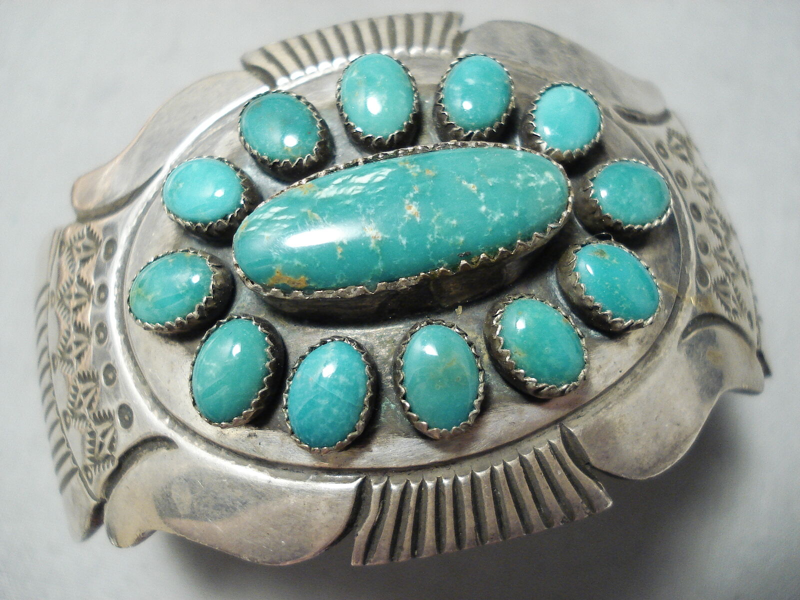 JIMMY SHAY VINTAGE NAVAJO GREEN TURQUOISE HEAVY STERLING SILVER BRACELET