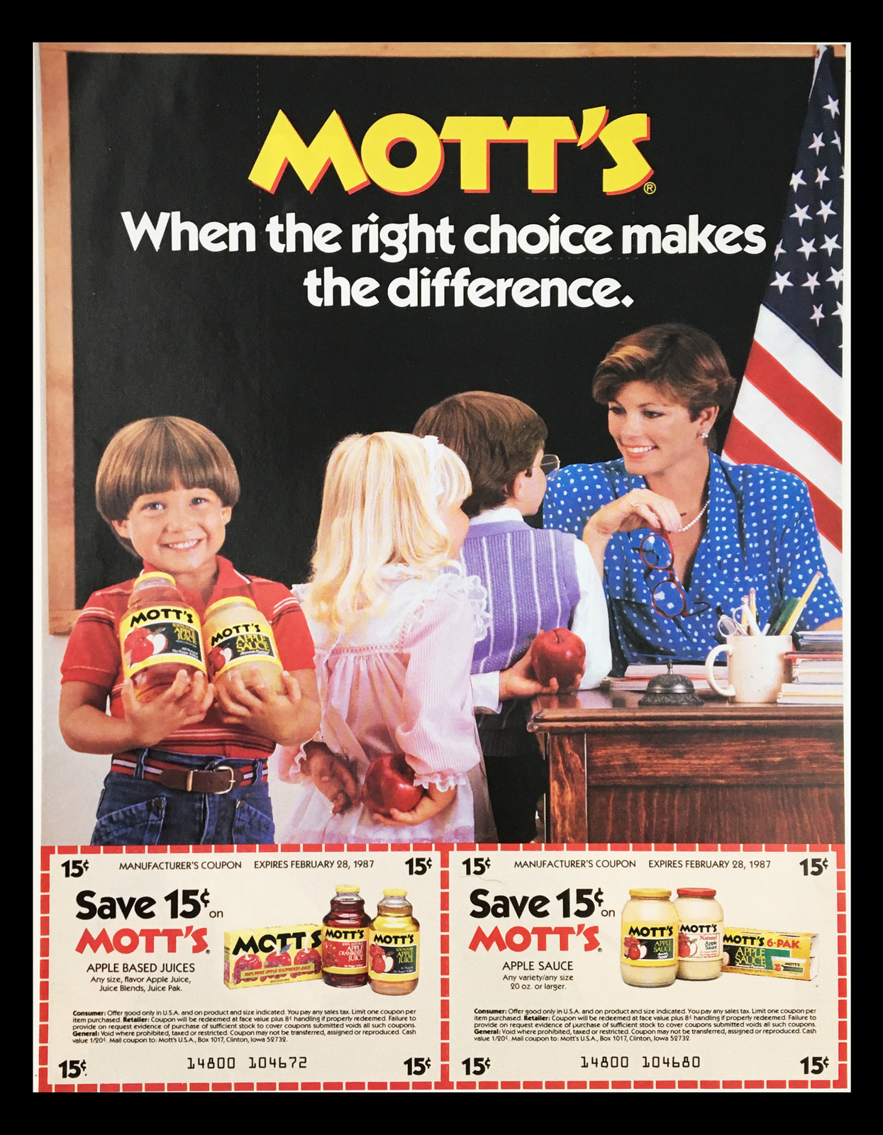 1987 Mott\'s Apple Based Juices Circular Coupon Advertisement