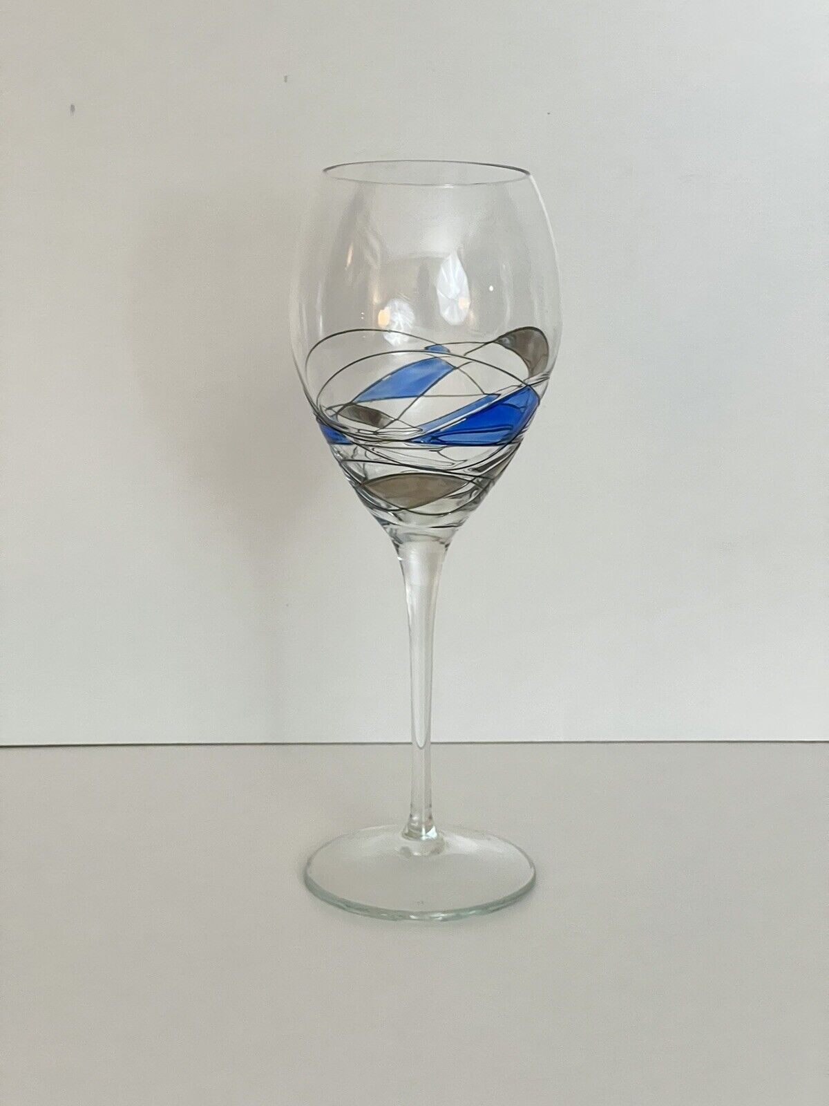 Mosaic Stained Wine Glass 12 Oz Blue Silver Black 9.5” X 3.5” EUC