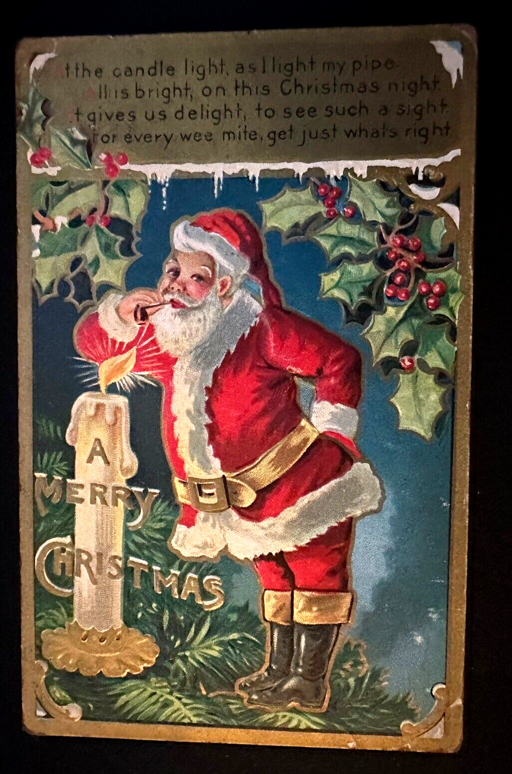 Red Robe  Santa Claus with Pipe~Candle~Holly~Antique~ Christmas Postcard~k-369