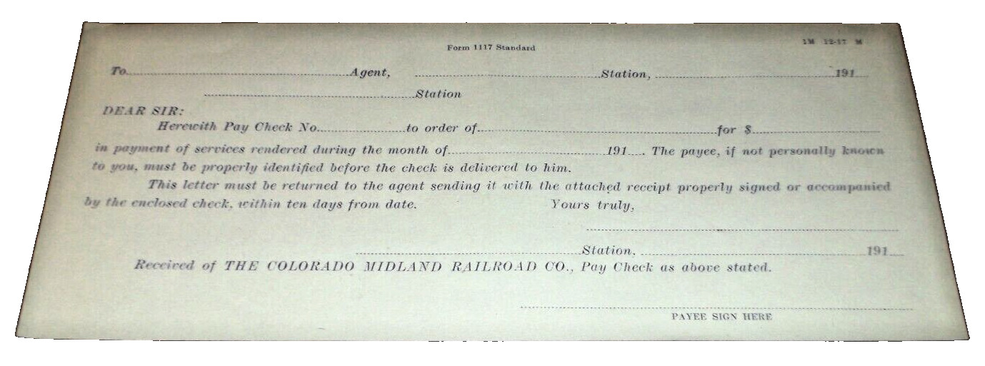 1917 COLORADO MIDLAND FORM 1117 EMPLOYEE PAY CHECK RECEIPT