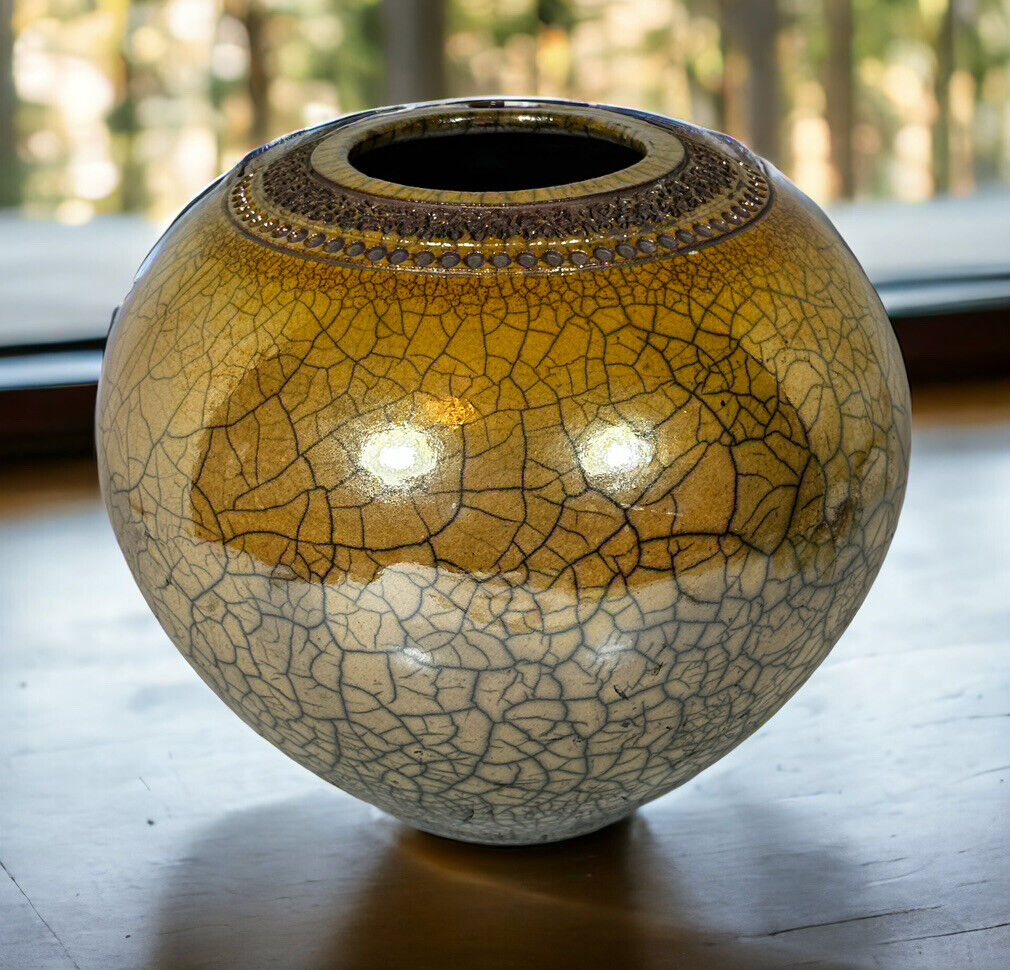 Studio Pottery Raku Vase Metallic Iridescent Gold Crackle Glaze Signed Rhodes
