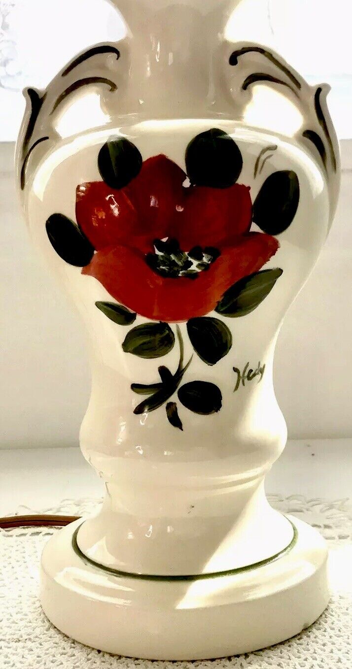 RARE MCM Signed HEDY Urn Style White Table Lamp Hand-painted Floral 19” READ