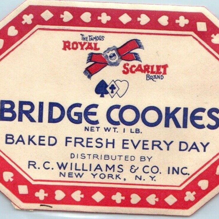 c1930s Royal Scarlet Bridge Cookies Label R.C Williams Embossed Vtg Original C24