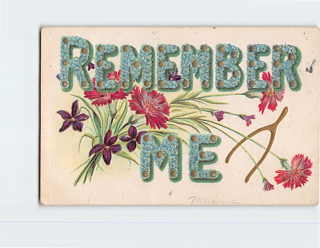 Postcard Remember Me with Flowers Wishbone Embossed Art Print