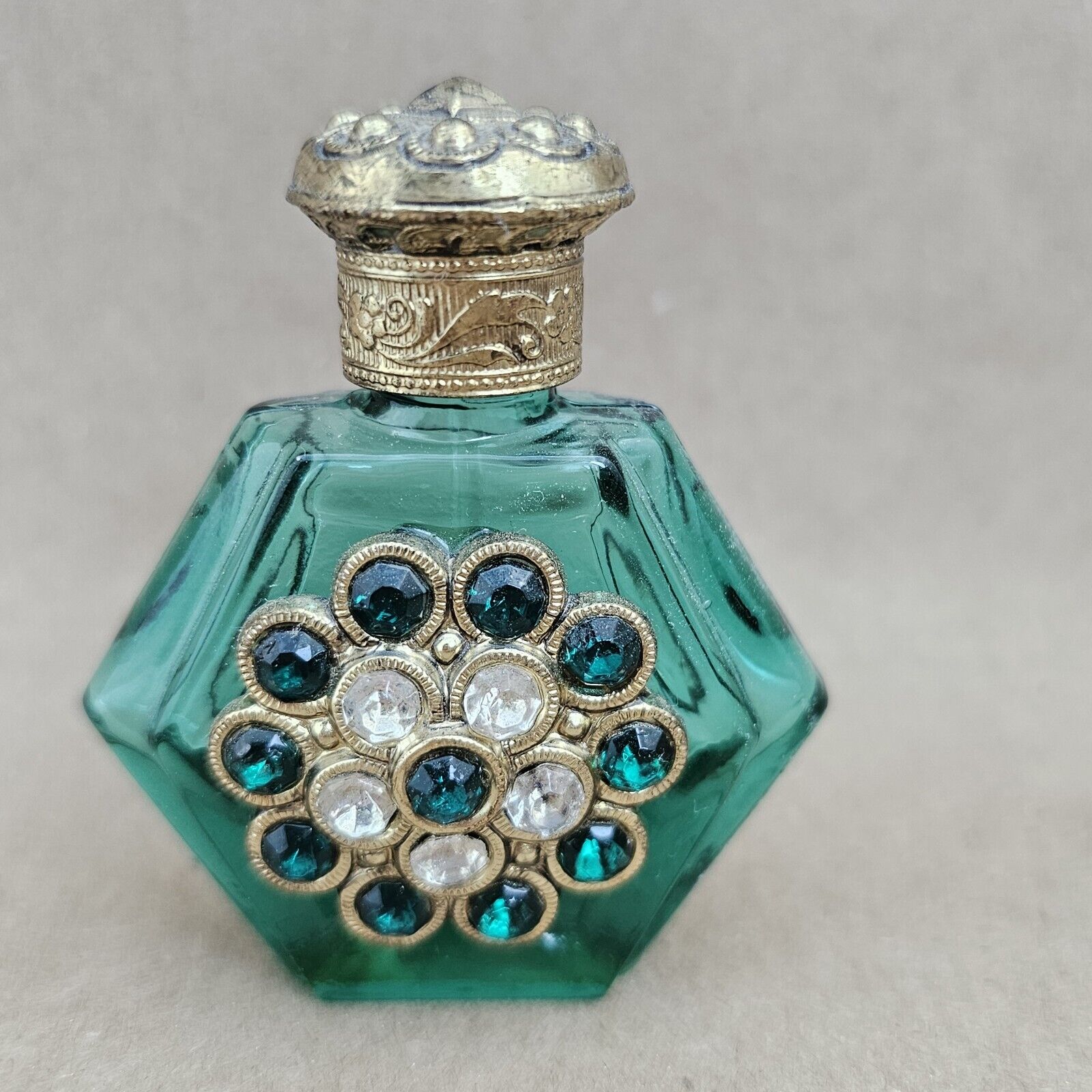 Vintage Perfume Bottle Jeweled Green Glass Czech? 