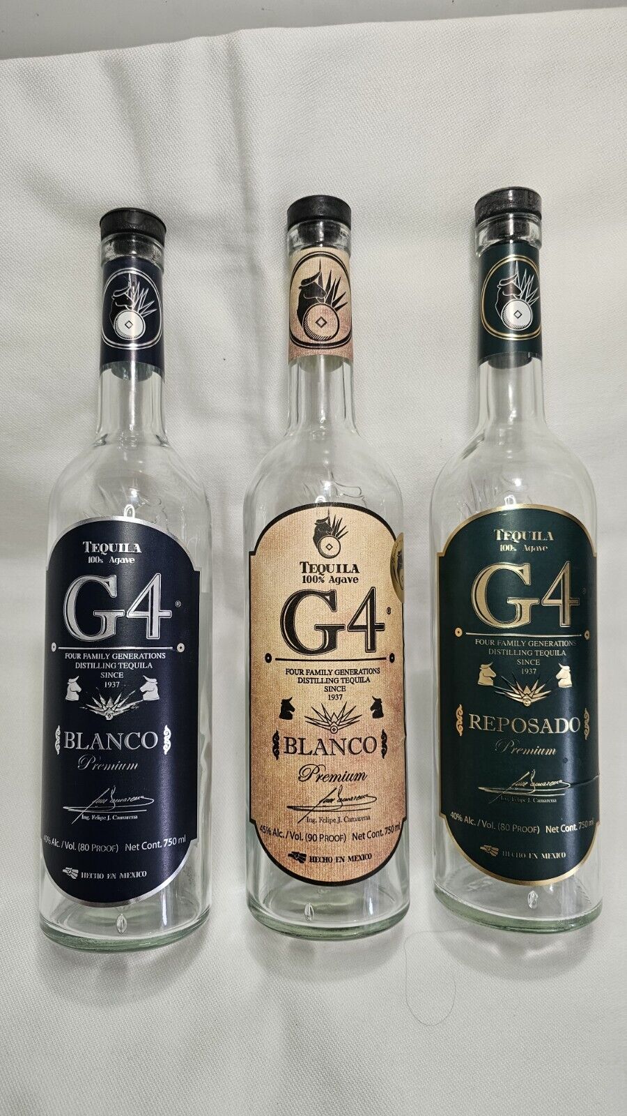 Lot of 3, G4 Tequila, Blanco, Madera. Reposado, Empty bottle, 750ml 