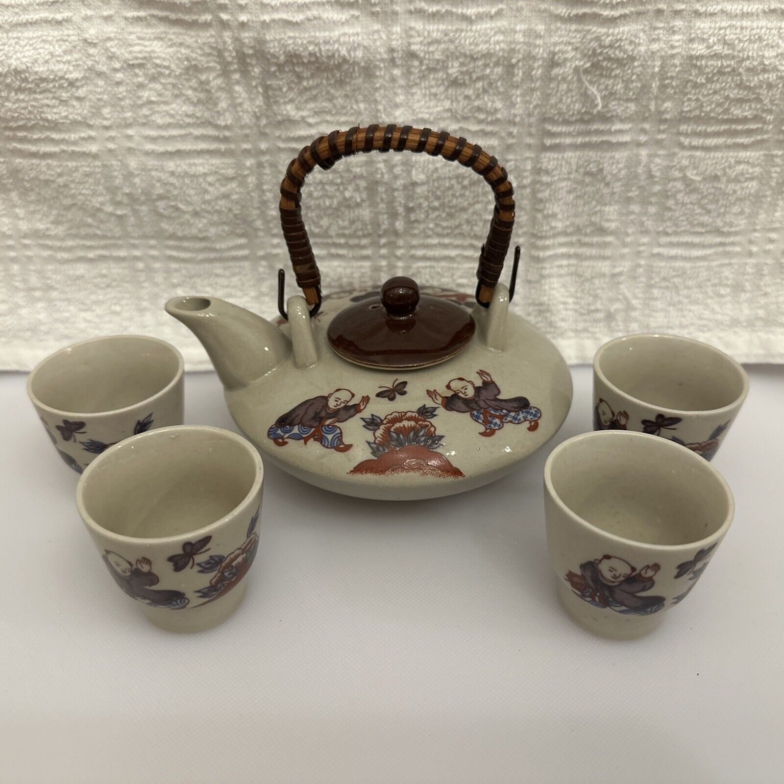 Ceramic Teapot w/Lid  5” & Teacups 1.75” (Set Of 6) Japan Vintage Garden
