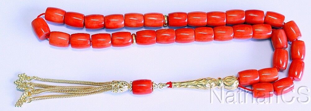 Luxury Prayer Beads Tesbih Chapelet Barrel Cut Salmon Orange Coral & Vermeil